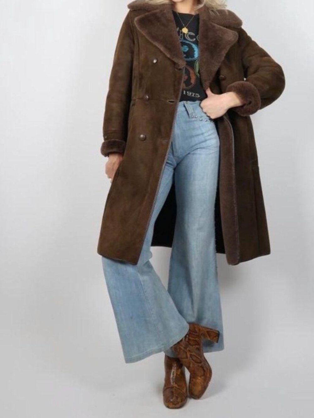Unique Vintage 70s Inspired  Brown Sheepskin Coat